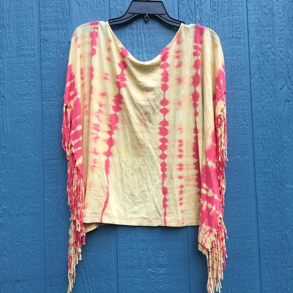 NWT Free People Tie Dye Fringe Batwing Short Sleeve Tee Shirt Top Blouse Tassel